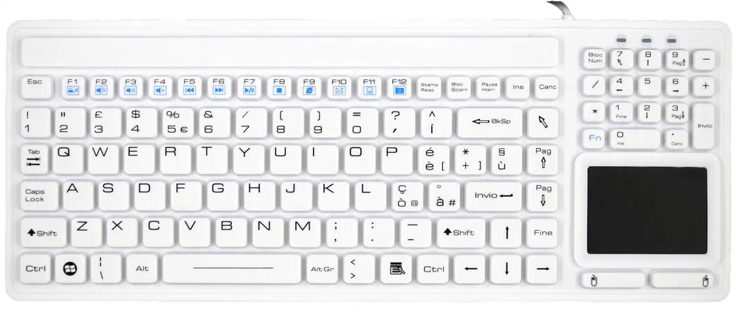 Rugged IP68 Washable Disinfectable Antivirus Industrial Medical Silicone Keyboard with Integrated Touchpad, 12 Funtion Keys and Numeric Keypad